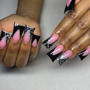 24Pcs Duck Nails Press On Black French Tip Fake Nails Medium False Nails With Spider Wed Glitter Design Pink Acrylic Nails Artificial Nails Glossy Glue On Nails Full Cover Stick On Nails For Women