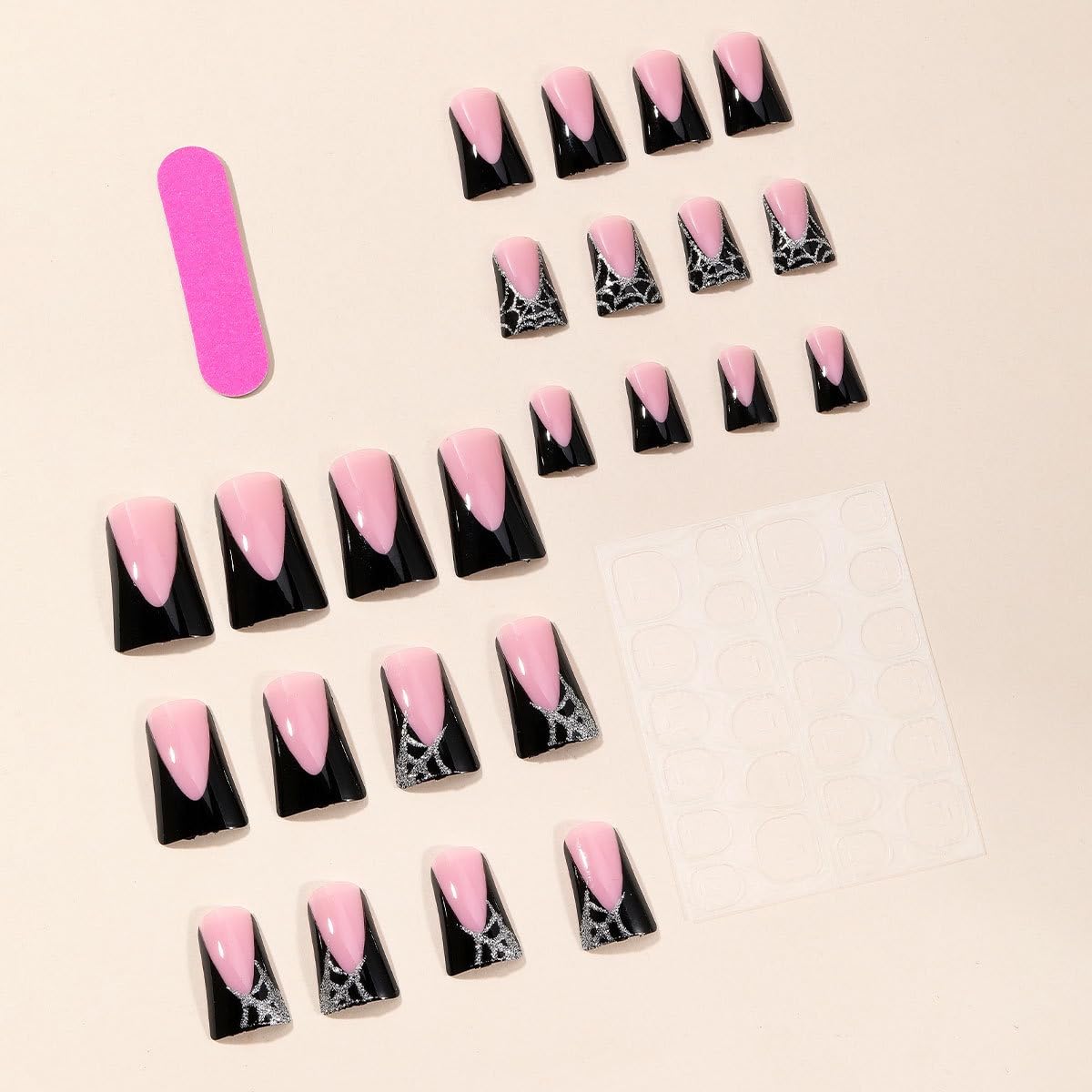24Pcs Medium Duck Nails Press On Black French Tip with Spider Web Glitter Design - Image 3