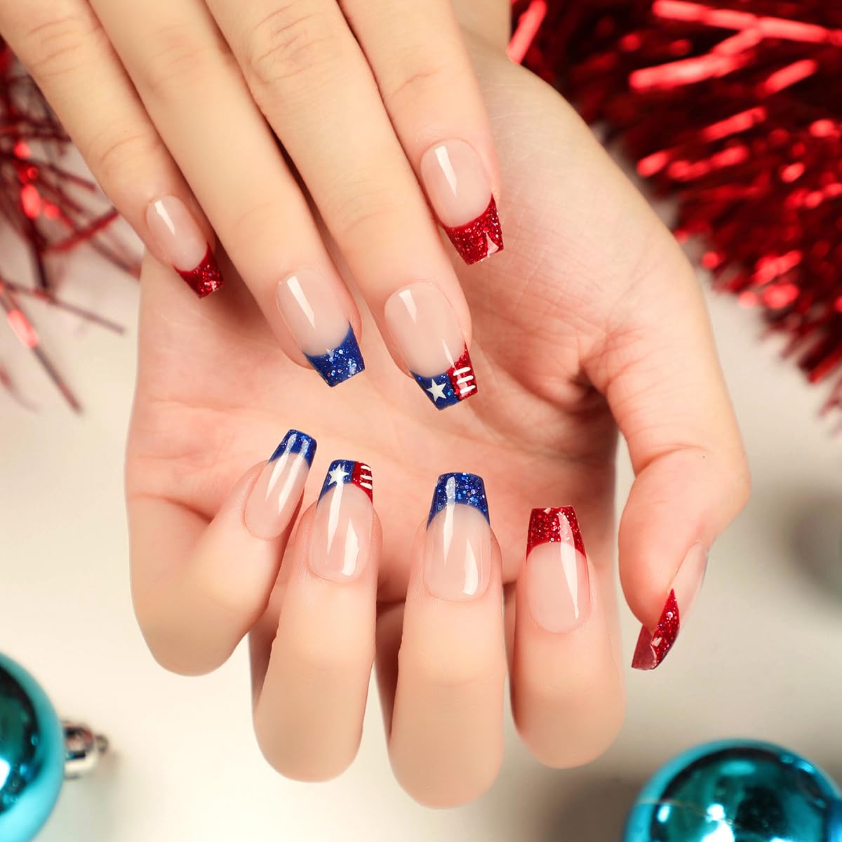 24Pcs Medium Square French Tip Press on Nails with Glitter for 4th of July Theme - Image 2