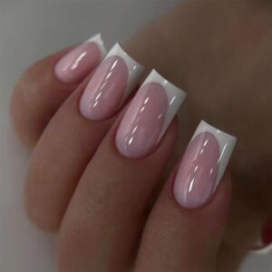 24Pcs French Tip Press on Nails Medium Square Acrylic Nails Pink Glossy Fake Nails White French Nail Tip False Nails Nature Stick on Nails Full Cover Glue on Nails for Women Girls Nails Decoration