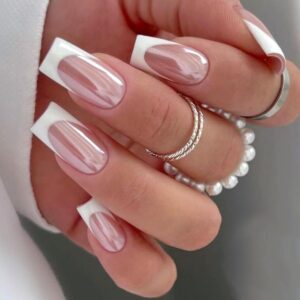 24Pcs White French Tip Press on Nails, Medium Square French Tip Fake Nails Glossy Chrome French False Nail Acrylic Nail Press ons Cute Stick Nails for Women Girls Artificial Fingernails