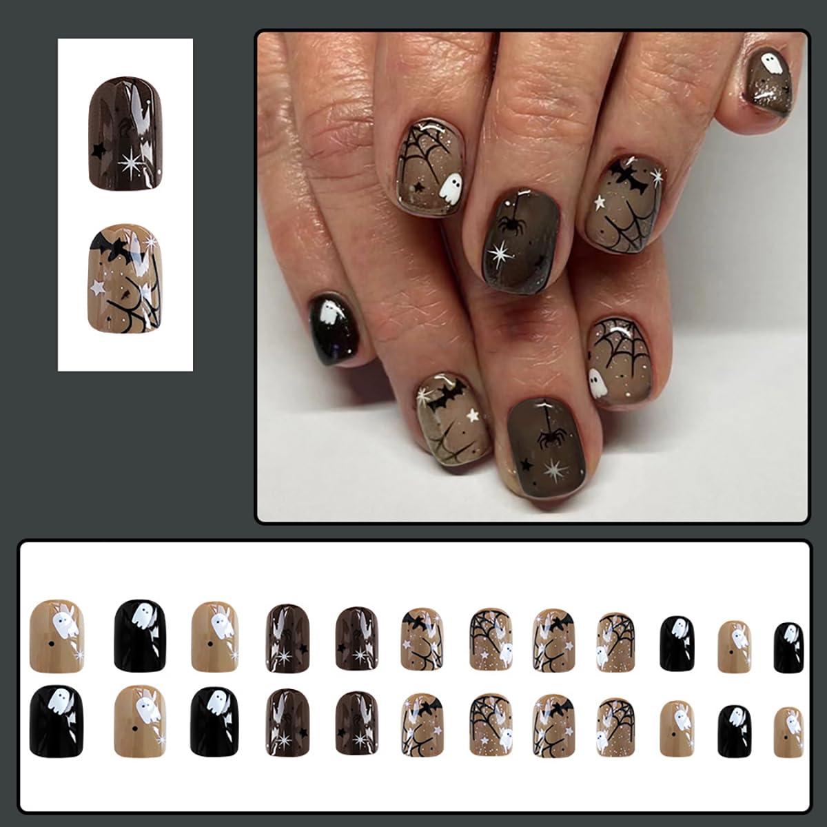 24 Piece Short Halloween Press-On Fake Nails Set with Ghost, Bat, Spider Web Designs - Image 3