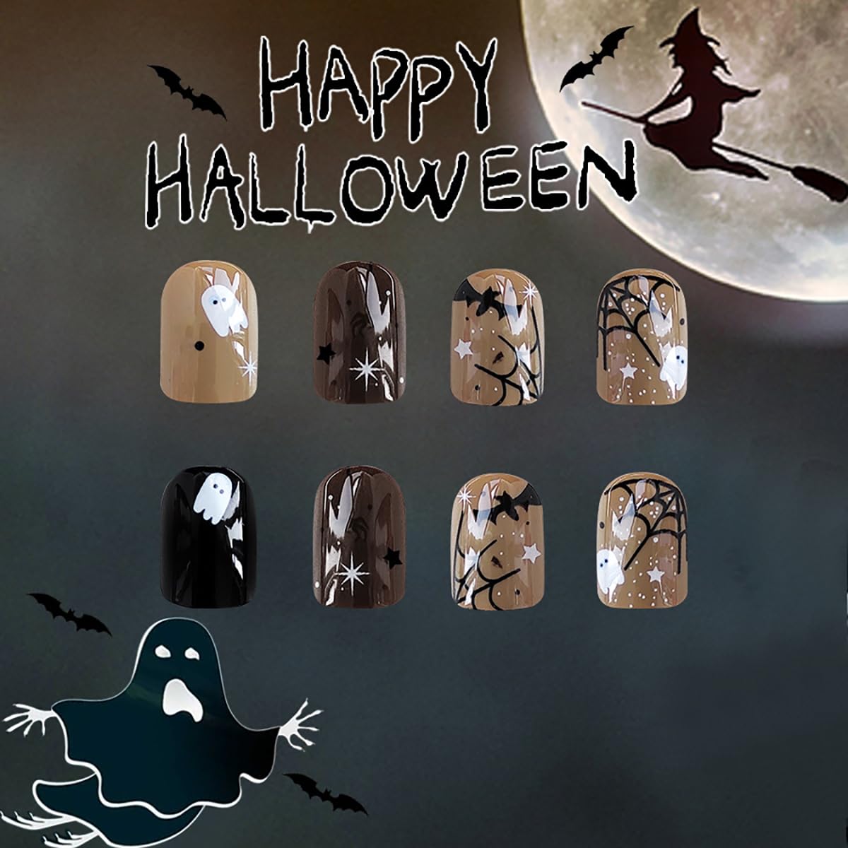 24 Piece Short Halloween Press-On Fake Nails Set with Ghost, Bat, Spider Web Designs - Image 7