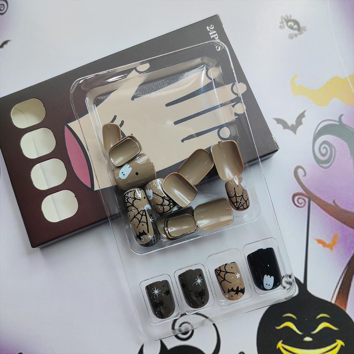 24 Piece Short Halloween Press-On Fake Nails Set with Ghost, Bat, Spider Web Designs - Image 2