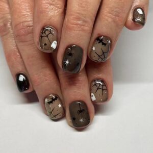24Pcs Halloween Fake Nails Short Press on Nails Cute Ghost Glue on Nails Black Bat Spider Web False Nails Glossy Brown Coffin Acrylic Nails Fall Stick on Nails for Women Holiday Manicure