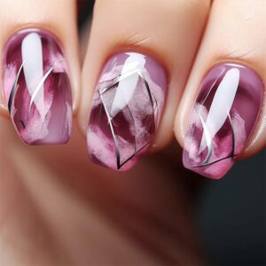 24Pcs Short Press on Nails Marble Coffin Shape Fake Nails Purple Red Abstract Sfumato Gradient Design Acrylic Nails Geometry False Nails Broken Glass Pattern Artificial Glue on Nail for Women DIY Nail