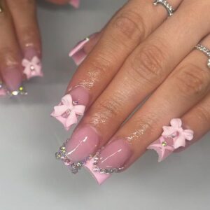 24Pcs Pink Bow Press on Nails Short Square Fake Nails French Tip Full Cover Glue on Nails with 3D Rhinestone Charms Design Bling Cute False Nails Glossy Acrylic Stick on Nails for Women Girls