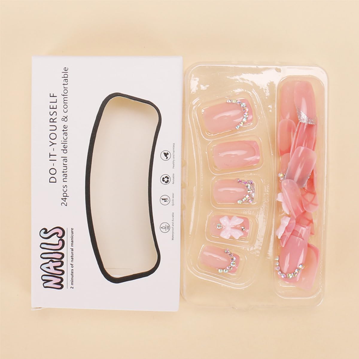 24 Piece Set Short Square Pink French Tip Press On Nails with Rhinestone Charms for Women Girls - Image 5