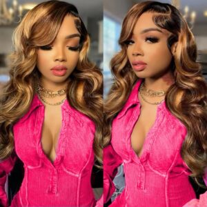 26 inch Highlight Ombre 13x6 Body Wave HD Transparent Lace Front Wigs Human Hair Honey Blonde Body Wave Lace Frontal Wigs Pre Plucked with Baby Hair For Black Women 180% Density