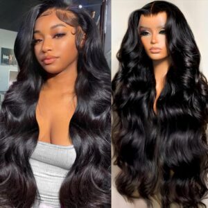 28 Inch 13x6 Lace Front Wigs Human Hair 200 Density Body Wave HD Lace Front Wigs Human Hair Pre Plucked Natural Color Lace Frontal Wigs for Black Women Glueless Human Hair Wig
