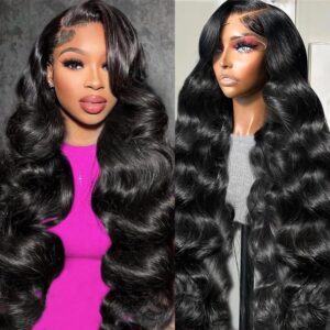 28 Inch Body Wave Lace Front Wigs Human Hair Pre Plucked 13x4 HD Lace Frontal Wigs Human Hair 200 Density Glueless Wigs Human Hair with Baby Hair Natural Black