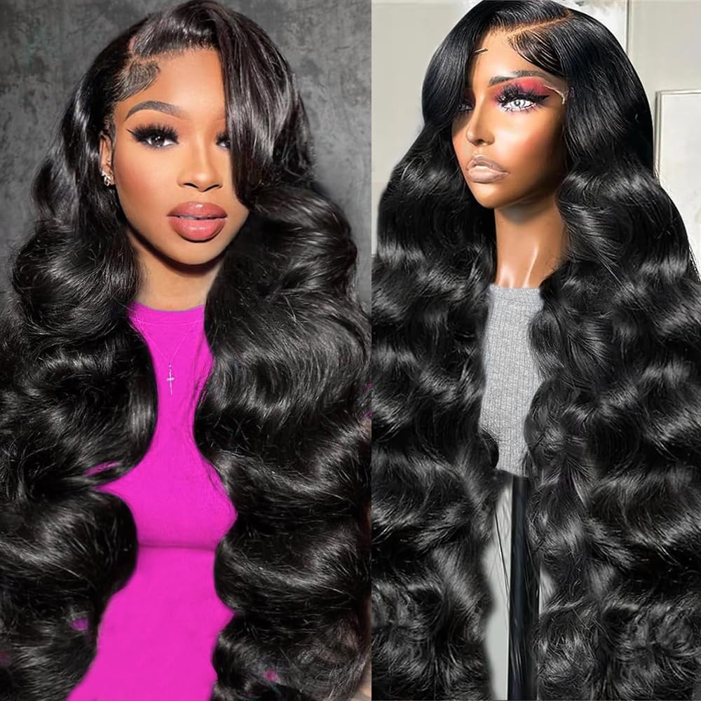 28 Inch Body Wave Lace Front Wigs Human Hair Pre Plucked 13x4 HD Lace Frontal Wigs Human Hair 200 Density Glueless Wigs Human Hair with Baby Hair Natural Black