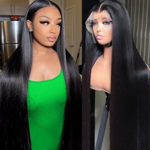 28 Inch Straight Lace Front Wigs Human Hair 200% Density 13x4 HD Transparent Lace Front Wigs for Women Glueless Brazilian Virgin Straight Lace Frontal Wigs Pre Plucked with Baby Hair Natural Black