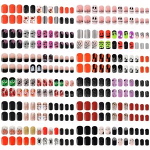 288PCS Halloween Fake Nails EBANKU Halloween Short Square False Nails with Nail Adhesive Tabs Press on Nails Full Cover Glossy Skull Bat Artificial Fingernails for Women Girls Nail Art Decoration