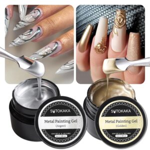 2pcs 5ml Metallic Painting Gel Kit, Gold and Silver Mirror Chrome 3D Effect Gel Nail Polish Metal Painted Drawing Stripper Glossy Soak Off UV/LED DIY Nail Art Manicure