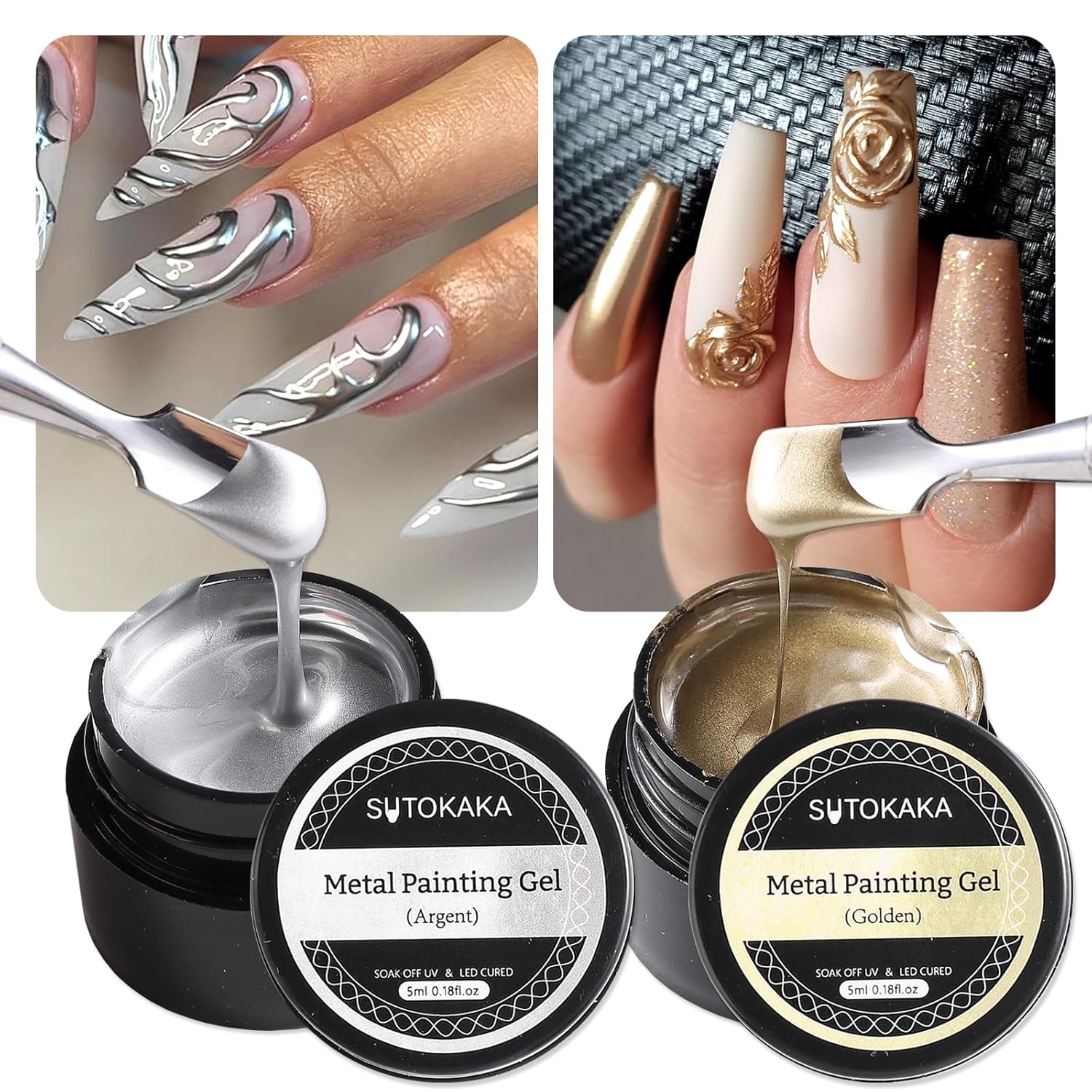2pcs 5ml Metallic Painting Gel Kit, Gold and Silver Mirror Chrome 3D Effect Gel Nail Polish Metal Painted Drawing Stripper Glossy Soak Off UV/LED DIY Nail Art Manicure