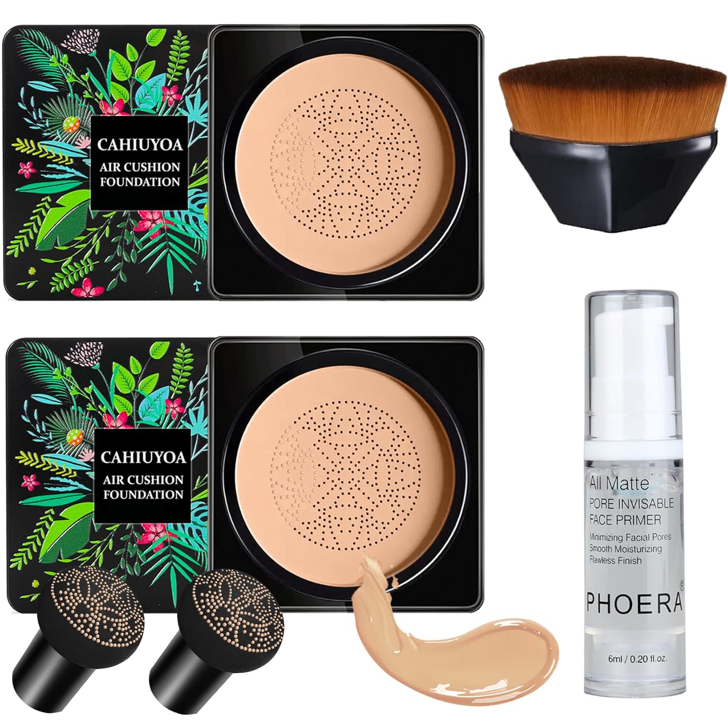 2PCS Mushroom Head Air Cushion CC Cream BB Cream Foundation Full Coverage Foundation 24HR Matte Oil Control Concealer With Makeup Face Primer & Petal-Shaped Cosmetics Brush(Natural)