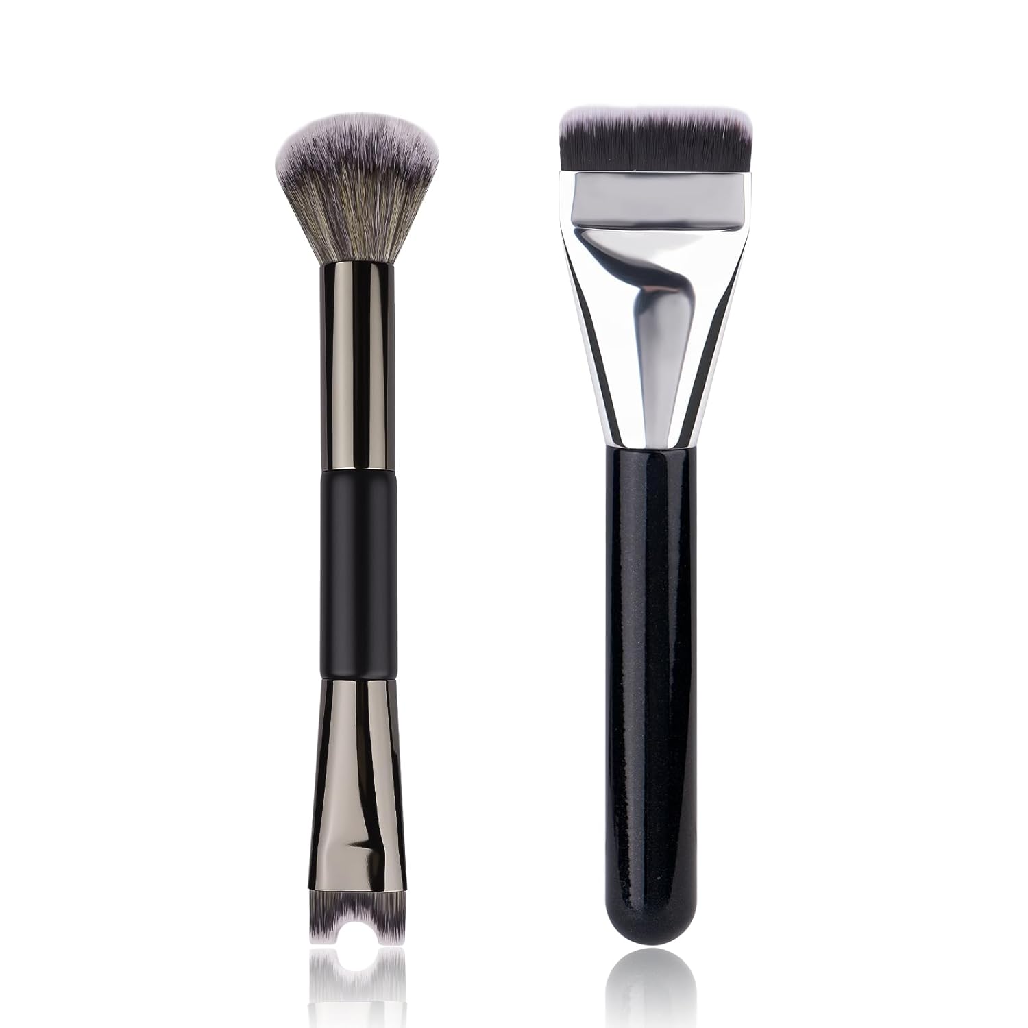 2pcs Nose Contour Brush Set - 2-In-1 U-Shaped & Fluffy Brush, Flat Foundation Concealer Makeup Brush - for Blush Highlight and Nose Sculpting and Defining.