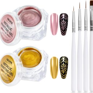 2x10ml Metallic Painting Gel, Gold & Rose Gold Painted Nail Polish, Polish for 3D Reflective Mirror Metal Effect, Soak off UV/LED Nail Gel with Nail Art Brushes