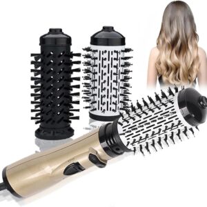 3-in-1 Hot Air Styler and Rotating Hair Dryer, Spin Hair Dryer Brush with 2 Interchangeable Brush, Anti-frizz Hot Air Spin Brush Set for Straightening, Drying, and Curling (Gold)