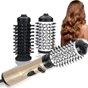 3 in 1 Rotating Hair Dryer, Blow Dryer in One 2 Interchangeable Brushes, Auto Rotating Curling Hot Hair Brush for Dry and Wet Hair (Gold)