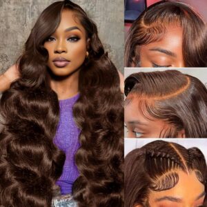 30 Inch Chocolate Brown Lace Front Wig 200 Density Brown Body Wave 13x4 HD Lace Front Wigs Human Hair Pre Plucked with Baby Hair Brown wig Colored 4# Frontal Human Hair Wig for Women