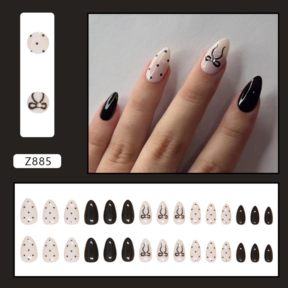 30Pcs Short Almond Black Wave Point Press On Nails with Bow Design - Image 2