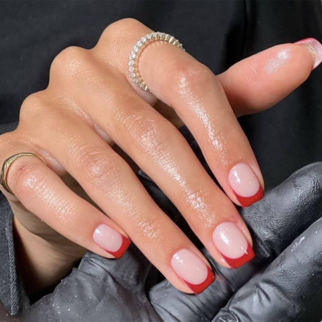 30Pcs Short Square Red French Tip Press on Nails with 15 Sizes for Women - Image 2