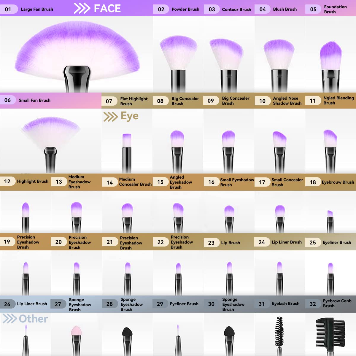 32-Piece Purple Professional Makeup Brush Set for Eyeshadow, Foundation, and Blusher - Image 2