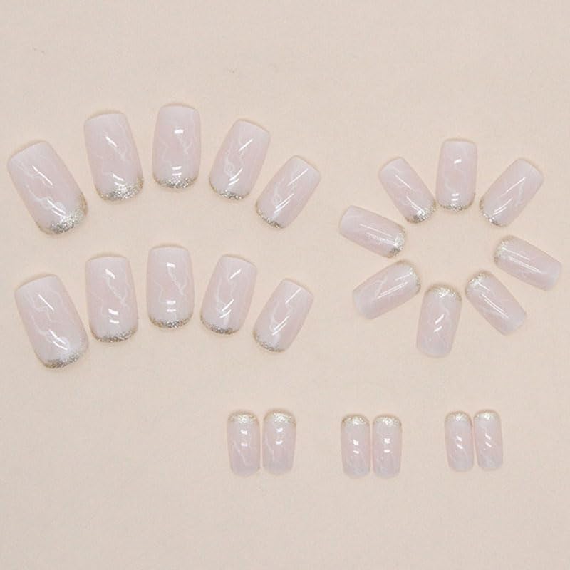 Medium Square Marble Glitter Press On Nails Set 24 Pcs Daily Wear - Image 3