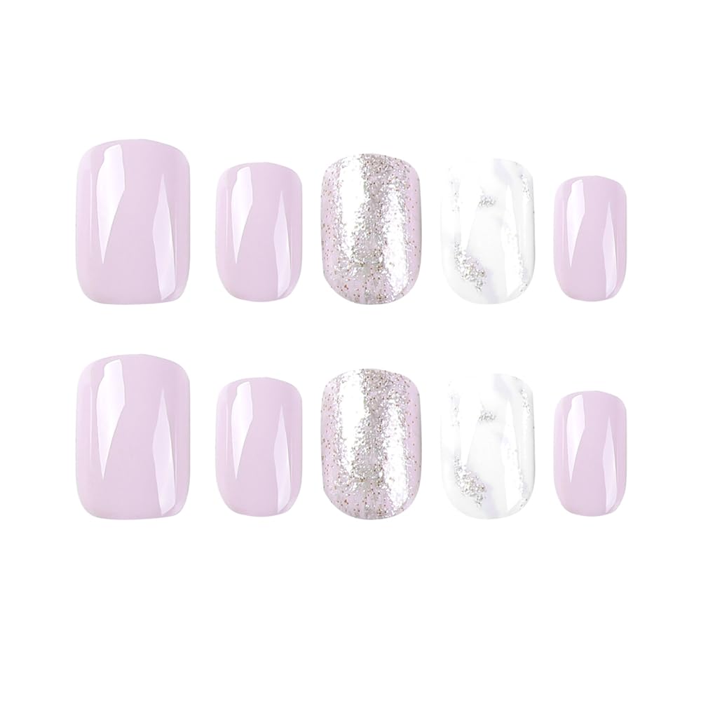 24 Piece Short Square Glitter Marble Design Acrylic Press on Nails for Women - Image 3