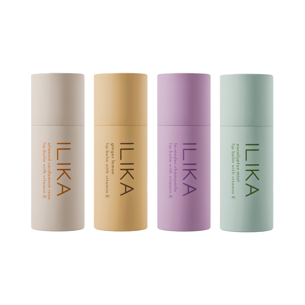 ILIKA Lip Balm, Jumbo Size, Organic, Plastic-free, 100% Plant-Based, COSMOS Certified Organic, PETA Certified Vegan & Cruelty-Free, Biodegradable Tube 4 Pack, Essential Collection