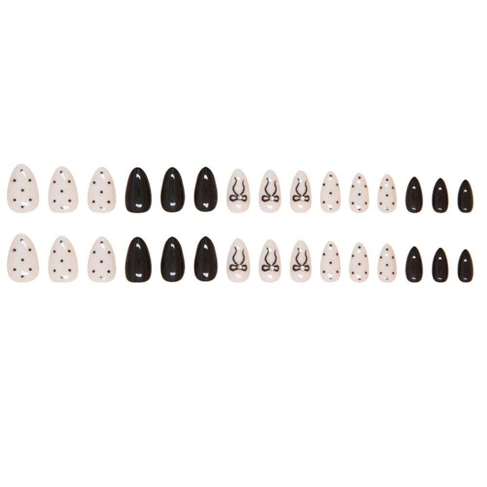 30Pcs Short Almond Black Wave Point Press On Nails with Bow Design - Image 5