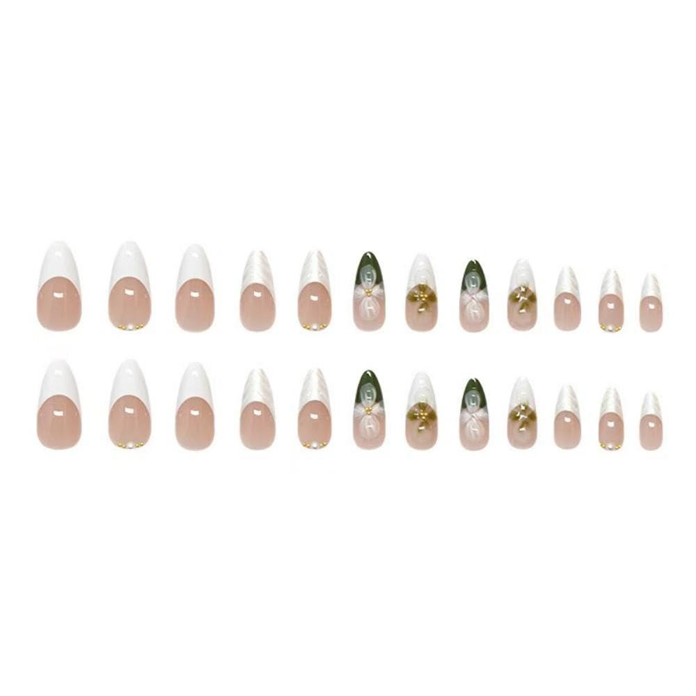 Green Medium Almond Pearl French Tip Flower Press on Nails 24 Pcs Women - Image 3
