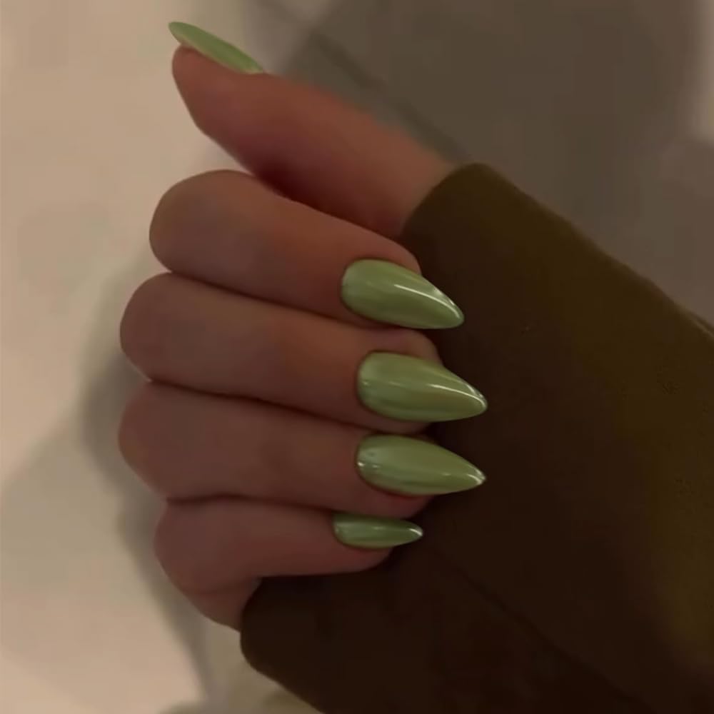Green Glazed Almond Press-On Nails Medium Length Grass Green Chrome Acrylic - Image 2