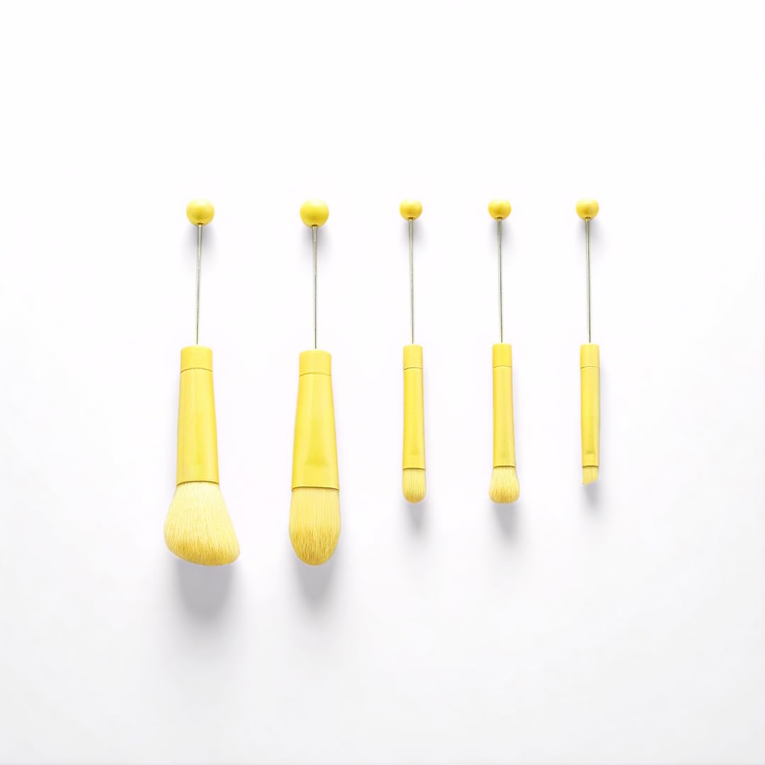 5pcs Beadable Makeup Brush Set + Free Powder Puff,DIY Angled Multi-Functional Cosmetic Brushes,Soft Synthetic Fibers,Perfect for Foundation & Eyeshadow,Ideal Gift for Women & Beginners (Yellow)
