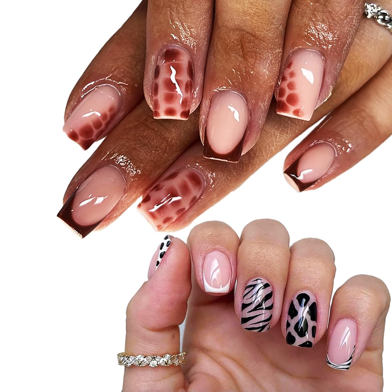 48Pcs French Tips Press on Nails for Art with Cow Print and Sexy Web Design, Glossy Brown Acrylic Medium Square Fake Nails Gel Glue on Nails Zebra Full Cover False Nails Stick on Nails for Women Girls