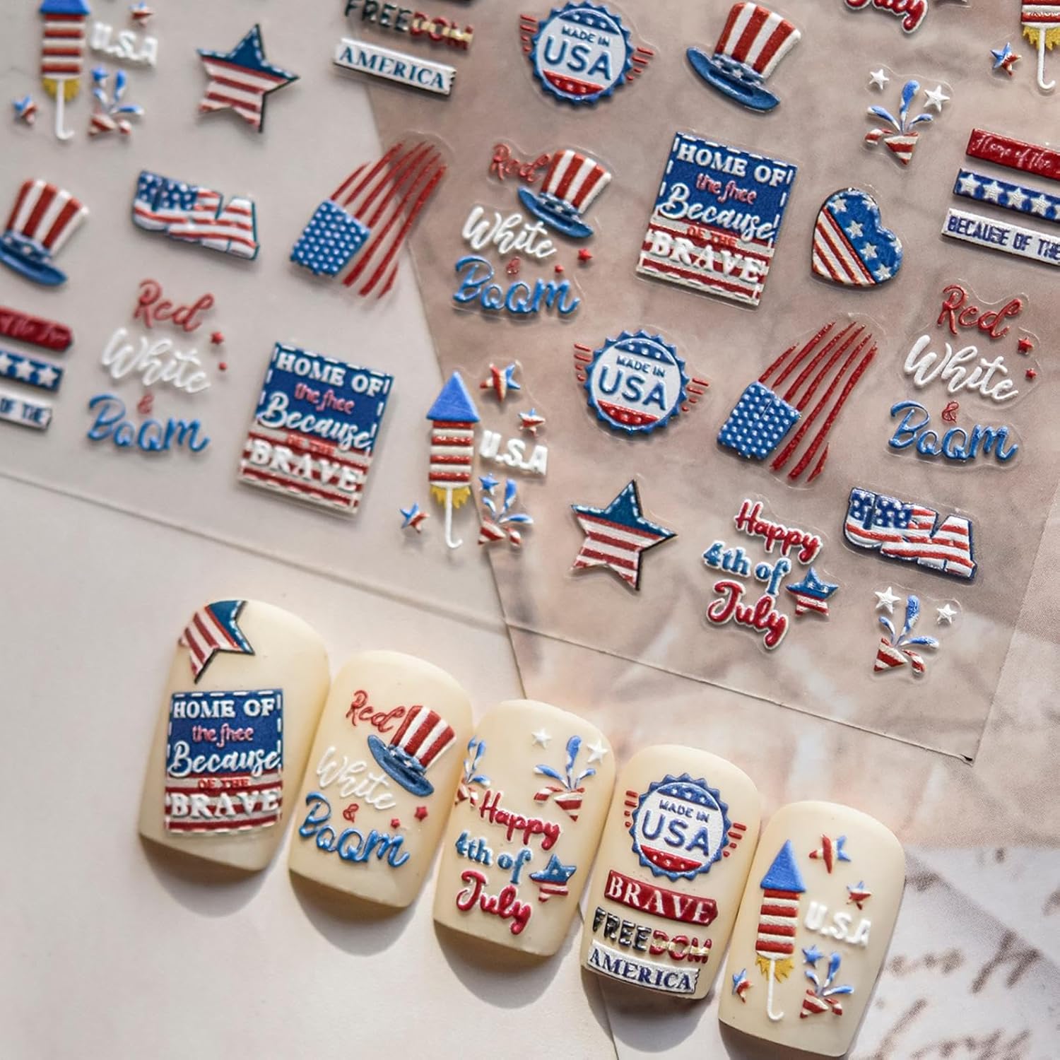 4th July Nail Art Stickers American Flag Nail Art Decals with Design USA Patriotic Nails Stickers 5D Self Adhesive for Women Girls Kid Manicure DIY Decoration Accessories