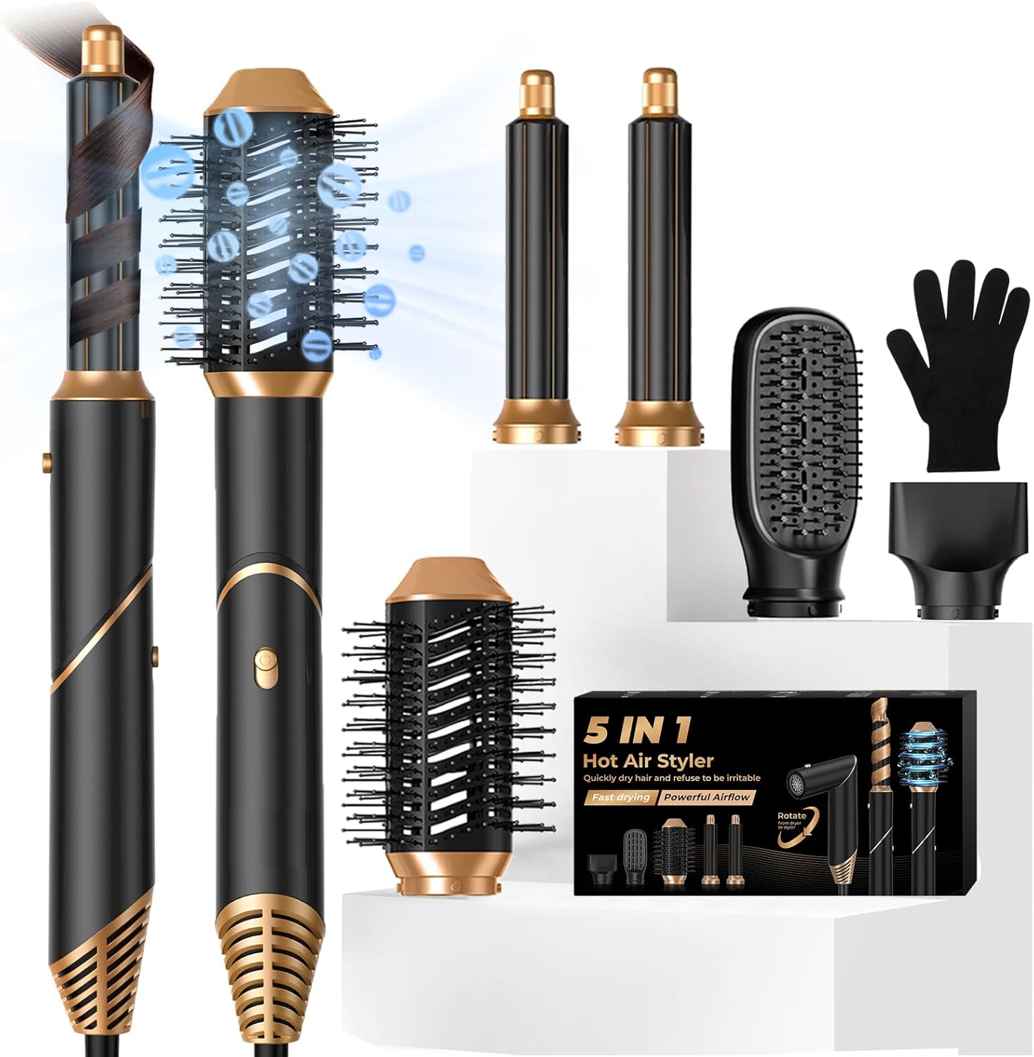 5 in 1 Blow Dryer Brush,Hair Dryer Brush with Detachable Air Styler,Negative Ionic Magic Hair Styler,Hot Air Brush for Women Volumizer,Straightener,Drying