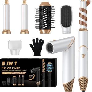 5 in 1 Blow Dryer Brush,Hair Dryer Brush with Detachable Air Styler,Negative Ionic Magic Hair Styler,Hot Air Brush for Women Volumizer,Straightener,Drying
