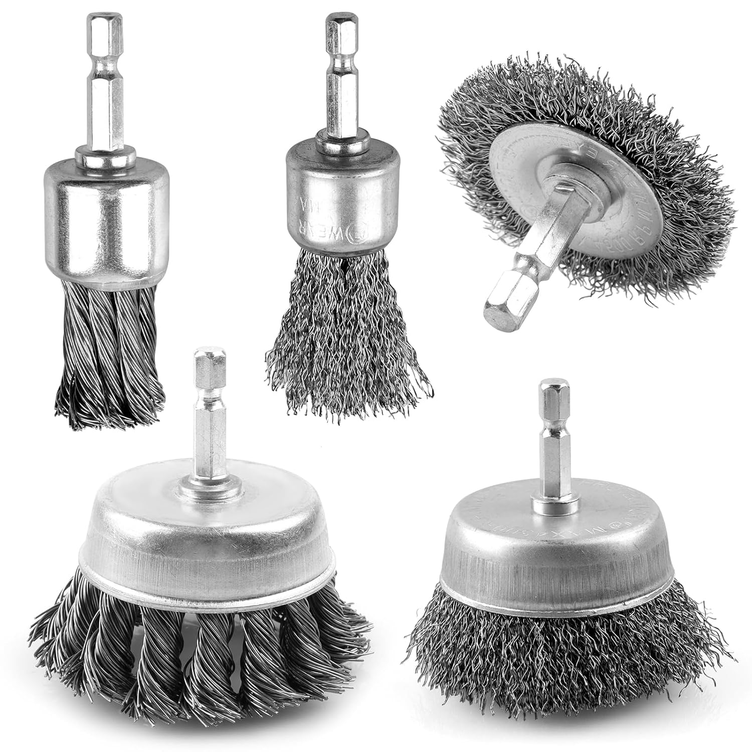 5 Pcs Drill Wire Brush Attachments Set, Heavy Duty Wire Brush Wheel for Drill, 1/4" Hex Shank Coarse Carbon Steel Crimped, Ideal for Cleaning Rust, Paint, Abrasive