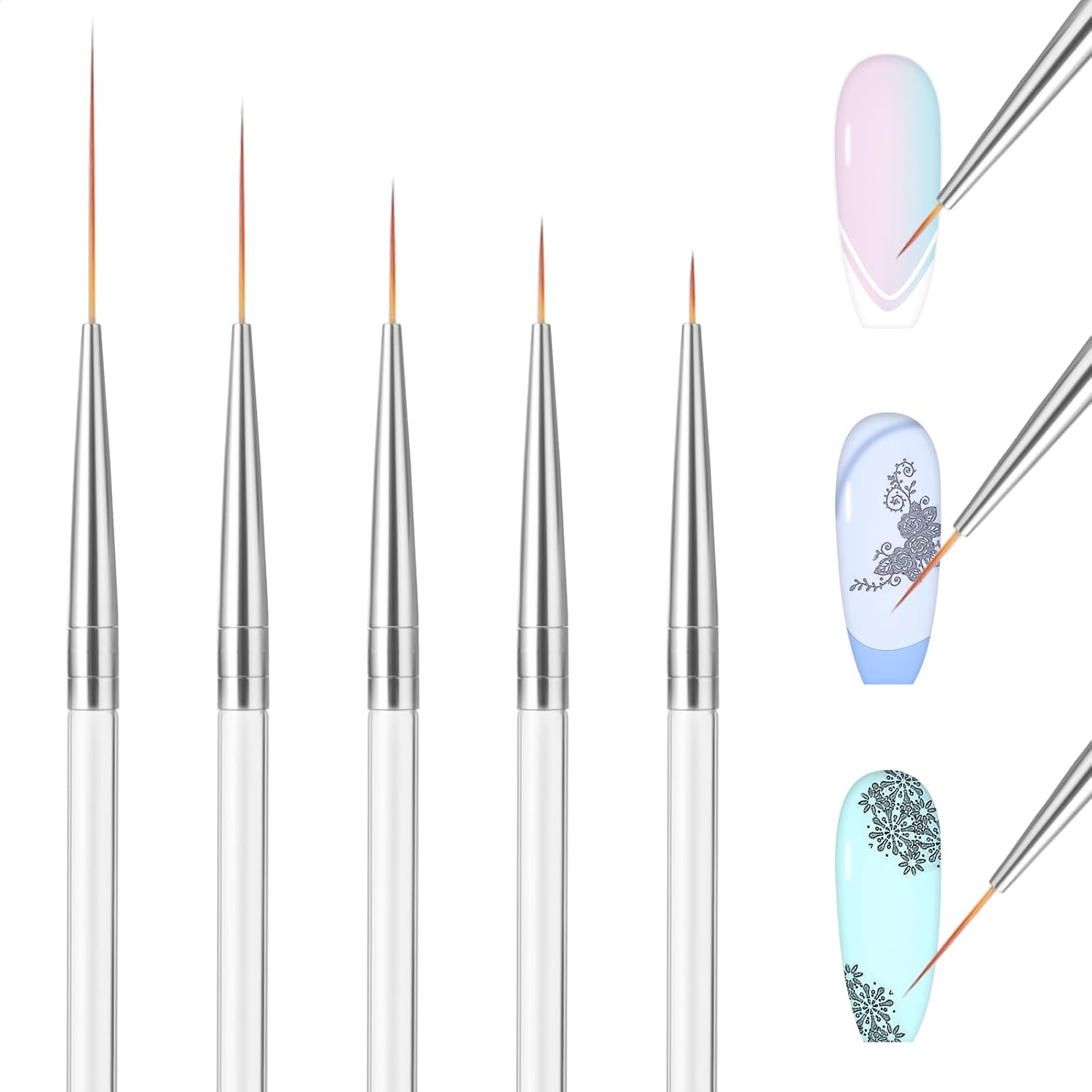 5 Pcs Nail Art Brushes Sets Gel Polish Fine Liner Brushes Nail Design Pens 6/9/12/18/23mm Acrylic Handle Detail Drawing Tool for Home Salon Manicure DIY Women Nail Art Tech Supplies (White)