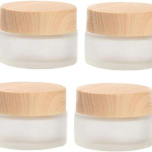 50 Gram/50 ml Empty Sample Jars Round Frosted Glass Bottle Cosmetic Cream Jar Wood Grain Lid Cosmetic Container Glass Cream Box Refillable Cream Pot Jars for Lip Balm Lotion Eyeshadow,4 Pack