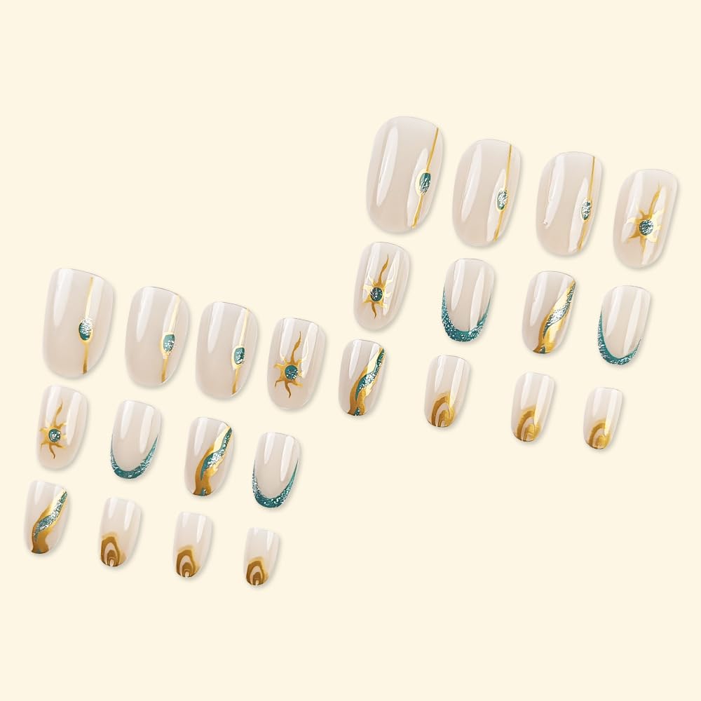 Short French Tip Oval Almond Acrylic Nails Gold Sun Marble Design 24 Pcs Set - Image 2