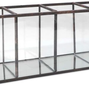 Isaac Jacobs 4-Compartment Organizer- Makeup Brush Holder- Vintage Style Brass and Glass Storage Solution with Mirror Base- Office, Bathroom, Kitchen Supplies and More (Antique Bronze)