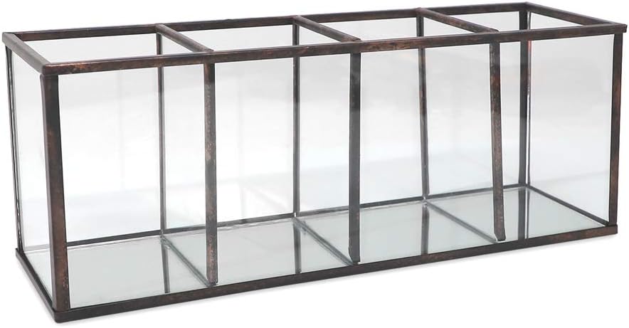 Isaac Jacobs 4-Compartment Organizer- Makeup Brush Holder- Vintage Style Brass and Glass Storage Solution with Mirror Base- Office, Bathroom, Kitchen Supplies and More (Antique Bronze)