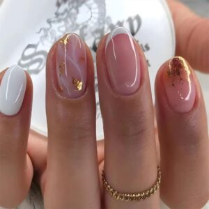 Short Press Almond White French Tip False Nails with Gold Glitter Design Glue on Pink Full Cover Stick on Cute Acrylic Artificial Nails for Women Manicure 24Pcs