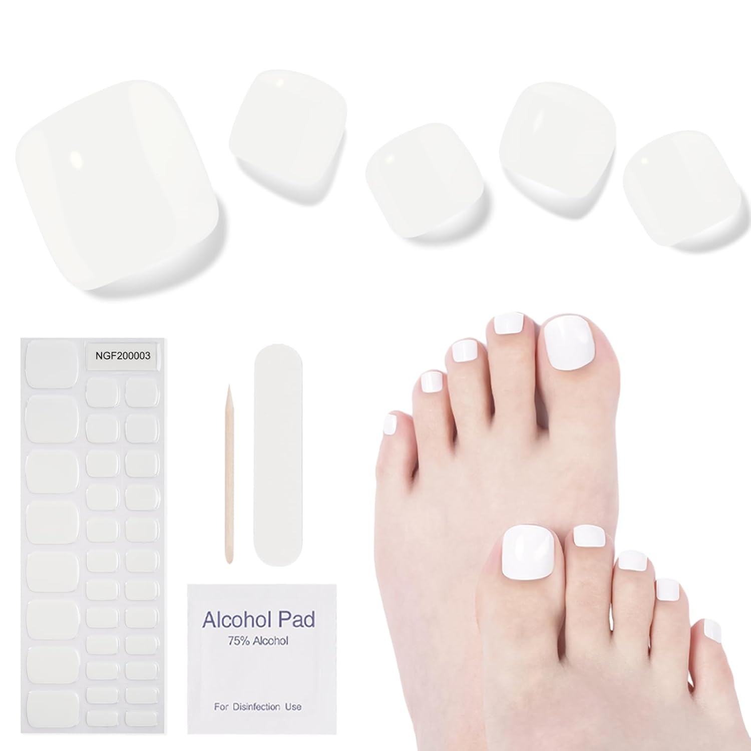 Semi Cured Gel Pedicure Strips, 32 Solid Color Gel Toenail Stickers Full Nail Wraps for Women Girls Kids, Includes Prep Pads, Nail File & Wood Stick (Snow White)