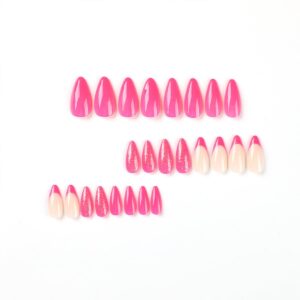 Hot Pink Press on Nails Medium Almond Fake Nails Pink Glitter False Nails French Tip Glossy Glue on Nails Full Cover Shiny Stiletto Artificial Stick on Nails for Women Girls Manicure 24Pcs