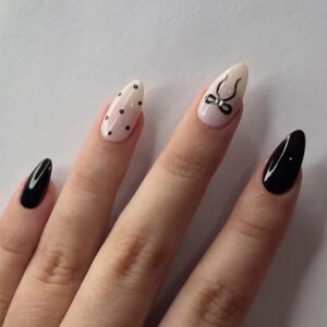 30Pcs Black Wave Point Press on Nails Short Almond Shape Bow Fake Nails with Designs White Acrylic Nails Glue on Nails Glossy False Nails Black Bows Press on False Nails for Women Manicure Supplies